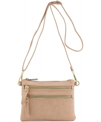 Multi-Pocket Zip Crossbody Bag with Small Wrist Strap WU001 DUSTY PINK